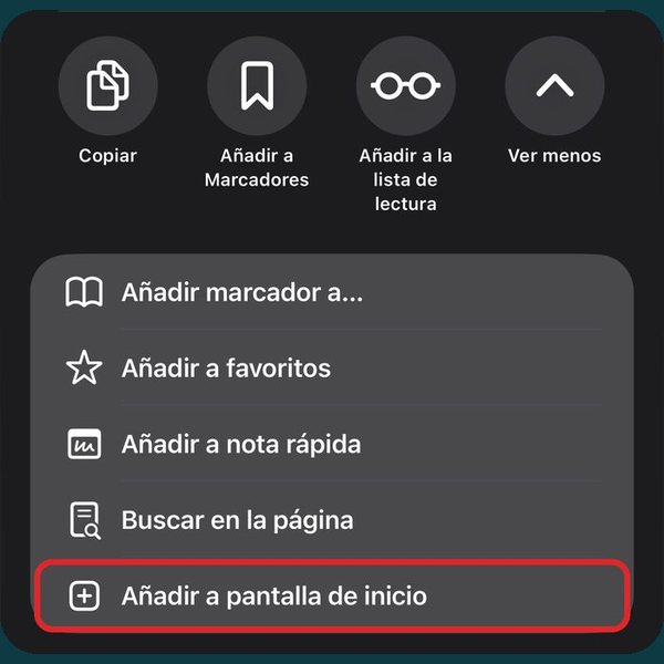 Opciones de Safari con Añadir a pantalla de inicio marcado en rojo
