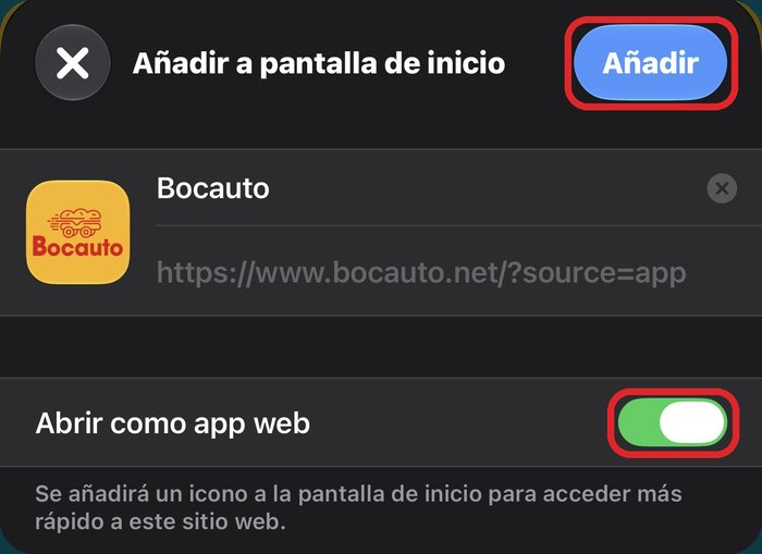 Pantalla final con Abrir como app web activado y el botón Añadir marcados en rojo